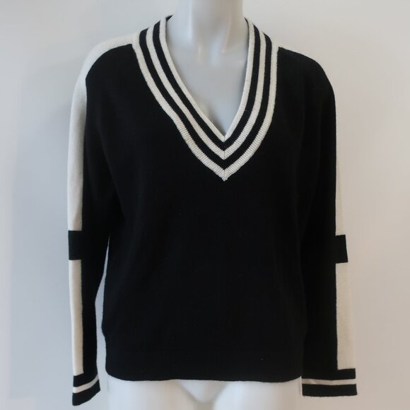 Womens Brodie Fine Cashmere Black White Varsity Stripe V-Neck Pullover Sweater M - Picture 2 of 11